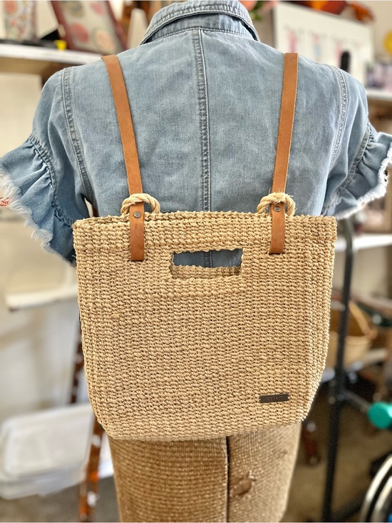 Esprit Handbags - Vintage Esprit Natural Woven Backpack Tote with Tan Leather Straps
